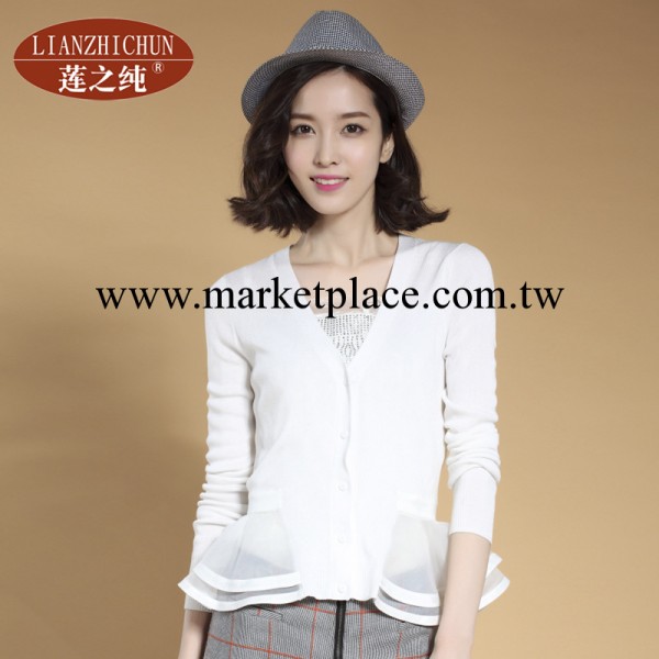 2014早春新款女式純色V領單排扣針織衫 長袖網紗雪紡拼接上衣開衫工廠,批發,進口,代購