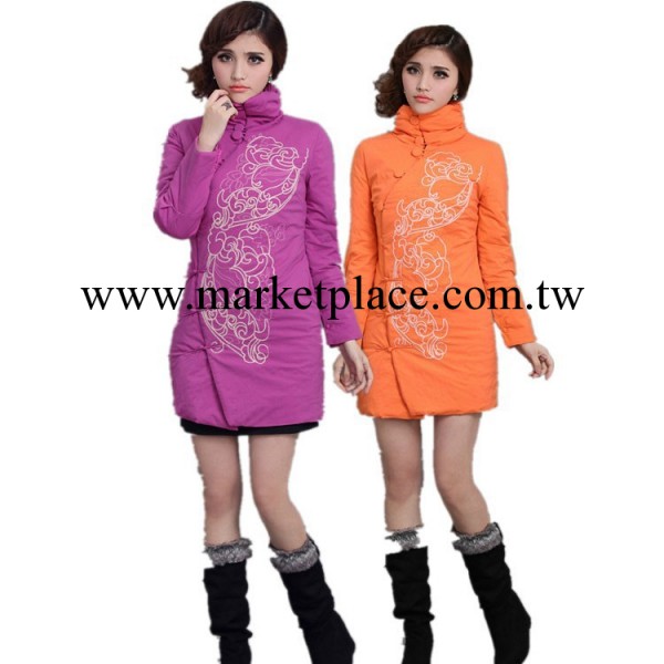 包郵2013新款時尚民族風女裝 繡花斜襟 超修身中長款棉衣女式棉服工廠,批發,進口,代購