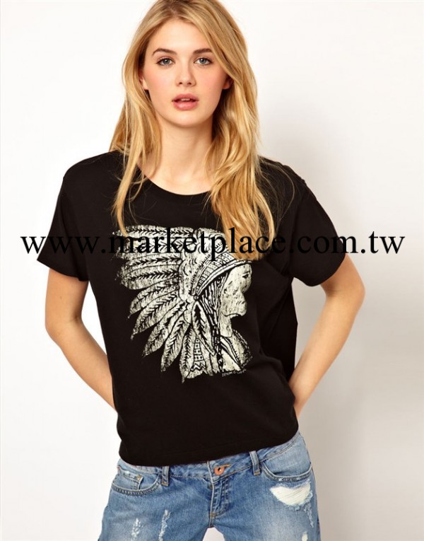 2013年歐美風女裝風黑色手繪印第安人圖案寬松圓領女短袖T恤批發・進口・工廠・代買・代購