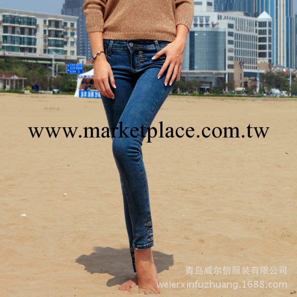 2014新款韓版修身顯瘦紐扣女士小腳褲牛仔褲做舊磨破效果女褲工廠,批發,進口,代購