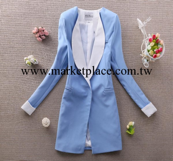 2014春裝新款韓版百搭撞色小西服外套中長款修身小西裝女工廠,批發,進口,代購