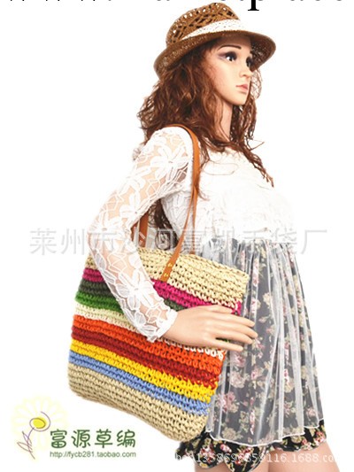 2014馬年新款 細紙繩七彩鉤針女包草編包 大款式包包 彩虹色女包工廠,批發,進口,代購