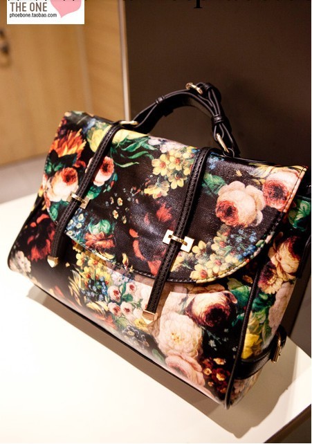 2013最新款女包玫瑰花朵油畫雙箭頭復古包包手提斜跨兩用女包批發工廠,批發,進口,代購