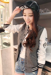 2013秋裝新款女小外套 韓版拼皮袖貼佈LOGO棒球服 短外套工廠,批發,進口,代購