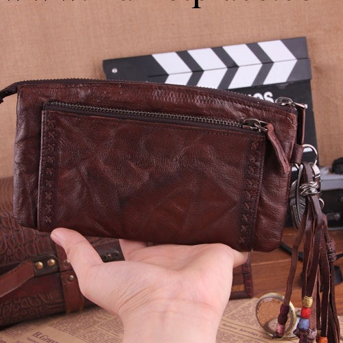 外貿小山羊皮流蘇走秀款復古褶皺錢包男真皮女中性長款拉鏈手拿包批發・進口・工廠・代買・代購