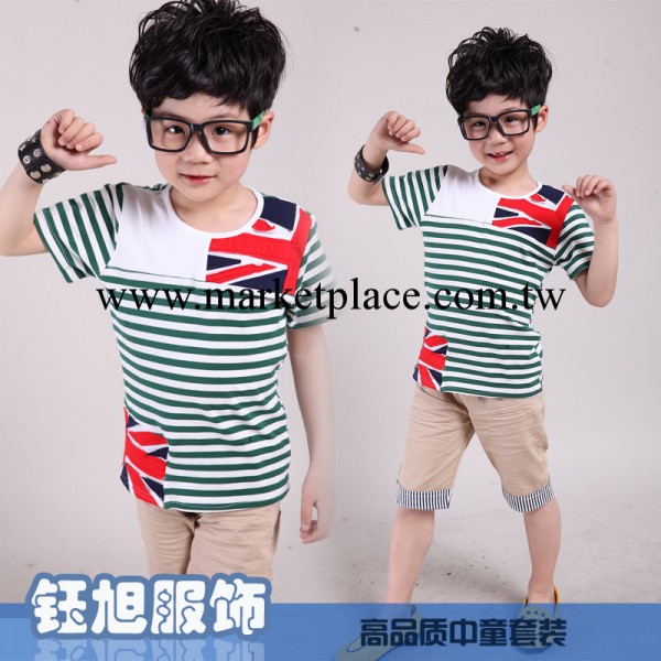 男童套裝2014夏款新品 中小童韓版時尚休閒條紋米字旗短袖童套裝工廠,批發,進口,代購