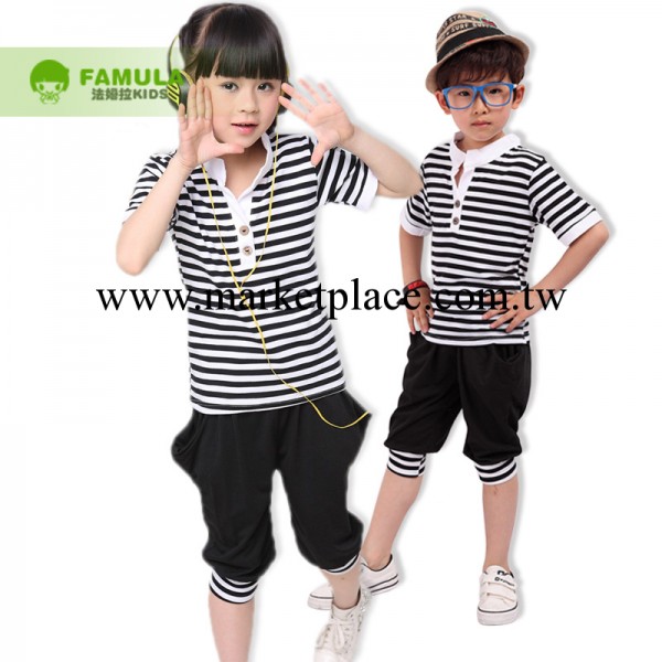 韓版夏季男女童裝條紋套裝2014夏款海軍服中童套裝工廠,批發,進口,代購