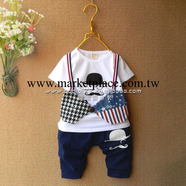 2014夏季新品 男童套裝 韓版假馬甲短袖套裝偵探圖案款工廠,批發,進口,代購