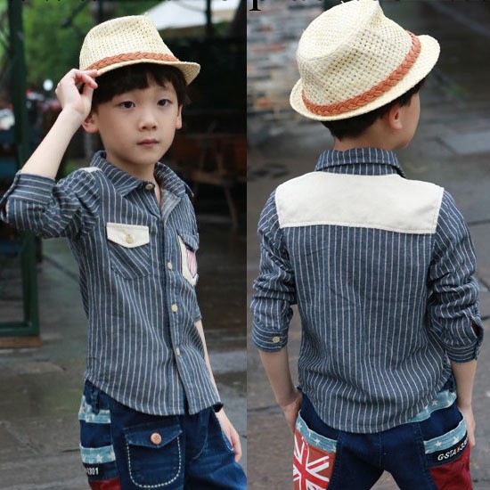 2014韓版春裝男童拼皮襯衫 豎條紋男童襯衫  支持代理一件加盟批發・進口・工廠・代買・代購