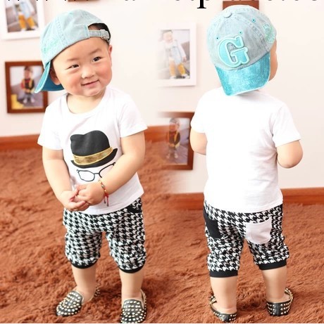 童心緣 2014夏裝新品 韓版男寶寶大胡子兒童格子套裝童裝工廠,批發,進口,代購