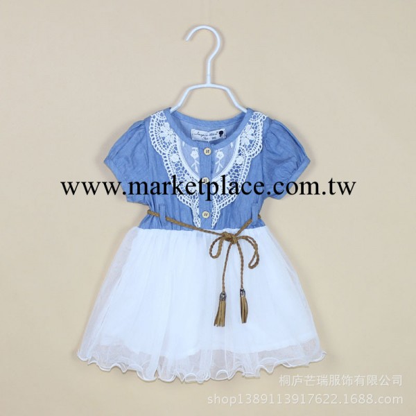 女童 蕾絲牛仔棉紗拼接 仿皮系帶 連衣裙童裝工廠,批發,進口,代購