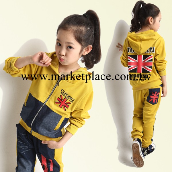童裝2014春秋新款 男女中大兒童韓版牛仔拼接米字旗兩件套裝6009#工廠,批發,進口,代購