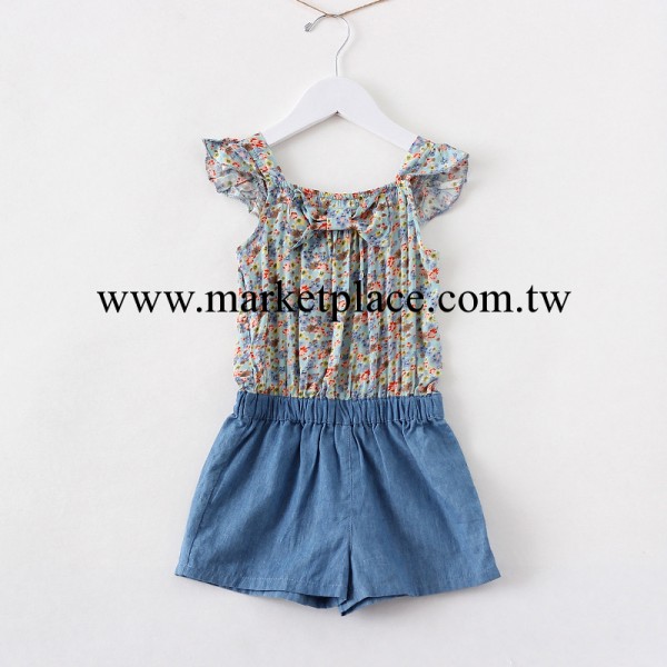 z童裝 夏 新款 女童碎花拼接牛仔連身褲 牛仔童褲 外貿童裝工廠,批發,進口,代購