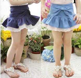 韓版童裝批發 2014春夏新款可愛蝴蝶結牛仔鏤空菲邊兒童蓬蓬裙工廠,批發,進口,代購