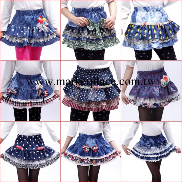 品秀童裝女童牛仔裙甜美短裙 圓點碎花蕾絲兒童牛仔短裙批發廠傢工廠,批發,進口,代購