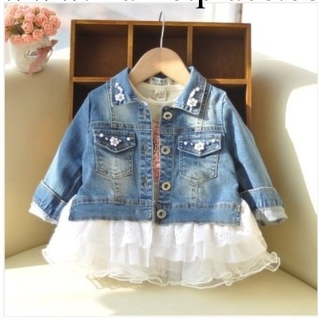 廠傢直銷2014兒童女童 韓版訂珍珠 下擺拼蕾絲牛仔外套 童裝批發工廠,批發,進口,代購