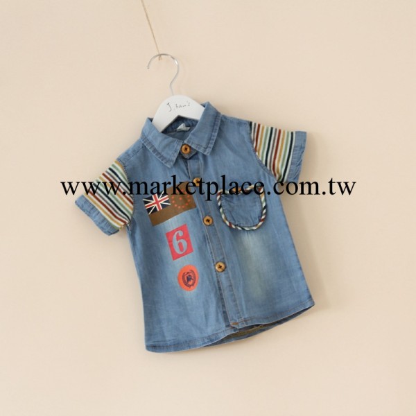 外貿童裝 男童 水洗牛仔拼接彩色條紋袖短袖牛仔上衣F0317-68-2工廠,批發,進口,代購