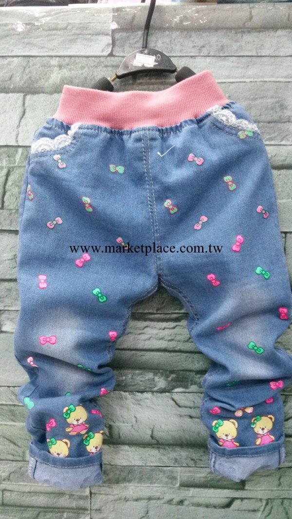 2014春裝新品童裝韓版印花小熊與蝴蝶結牛仔褲水洗女童褲批發工廠,批發,進口,代購