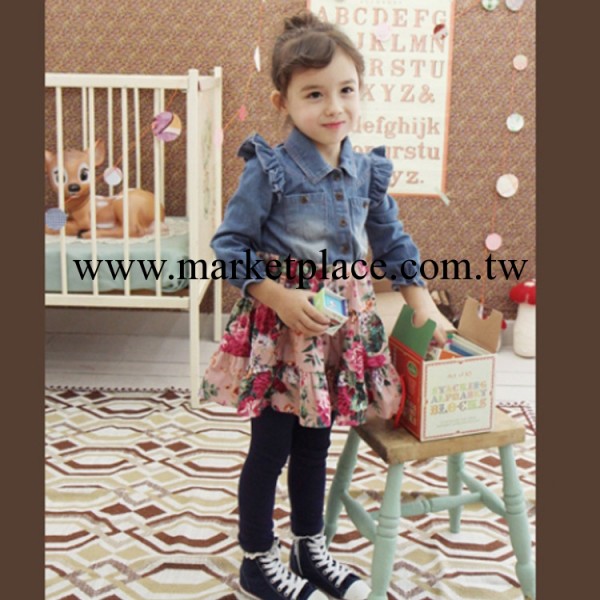 2014年韓國童裝春裝新款女童牛仔裙 兒童春款碎花長袖連衣裙 兩色工廠,批發,進口,代購