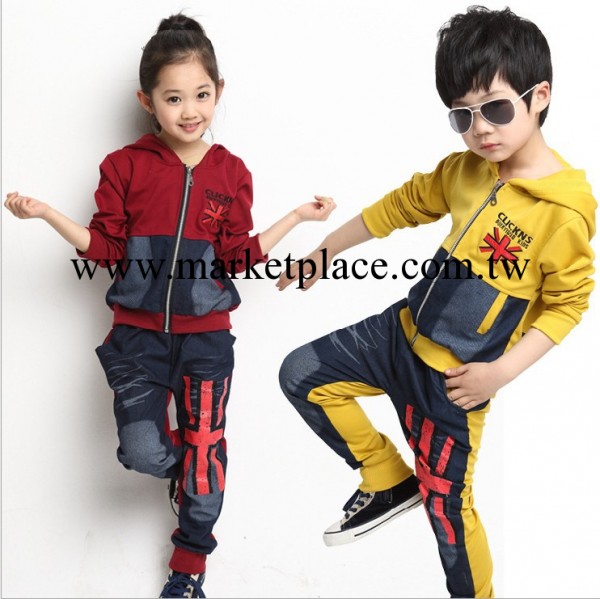 童裝男童女童中大童運動套裝 兒童牛仔拼接春裝兩件套 2014新款潮工廠,批發,進口,代購
