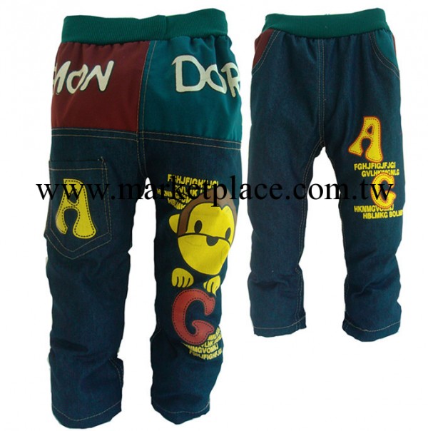 春季鑲拼兒童牛仔單褲批發 特價童裝批發 牛仔長褲子 小猴子圖案工廠,批發,進口,代購