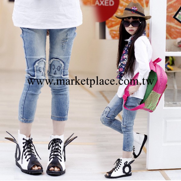 童裝夏款新品童貼身牛仔褲 女童膝蓋毛邊潮飾洗白小腳牛仔長褲工廠,批發,進口,代購