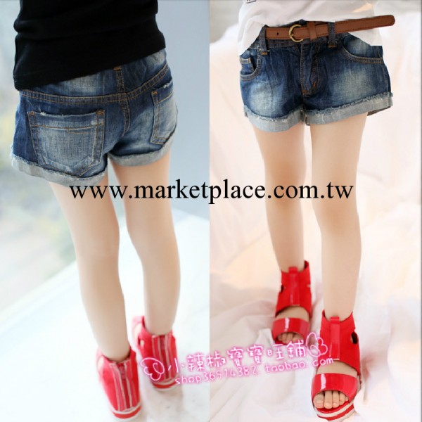 2014春女童裝新款 牛仔翻邊短牛仔褲熱褲 短褲 贈送皮帶 廠傢批發工廠,批發,進口,代購