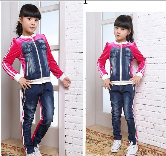 女童春裝中大童2014新款韓版女童牛仔拼接童套裝 兩件套一件代發工廠,批發,進口,代購