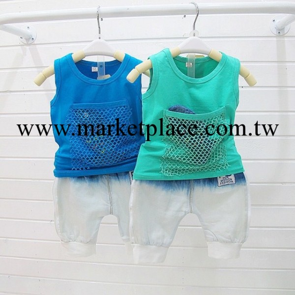 童裝批發2014夏男童全棉奧戴爾網裡的魚無袖T恤+牛仔中褲垮褲套裝工廠,批發,進口,代購