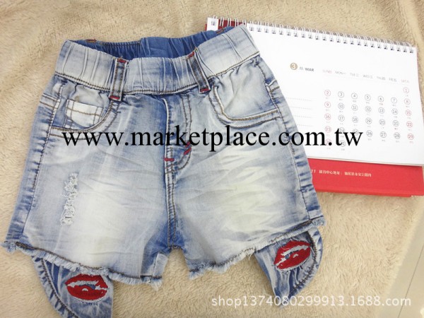 2014爆版新款女童 中童淺色牛仔短褲 紅嘴唇繡花 童裝童短褲批發工廠,批發,進口,代購