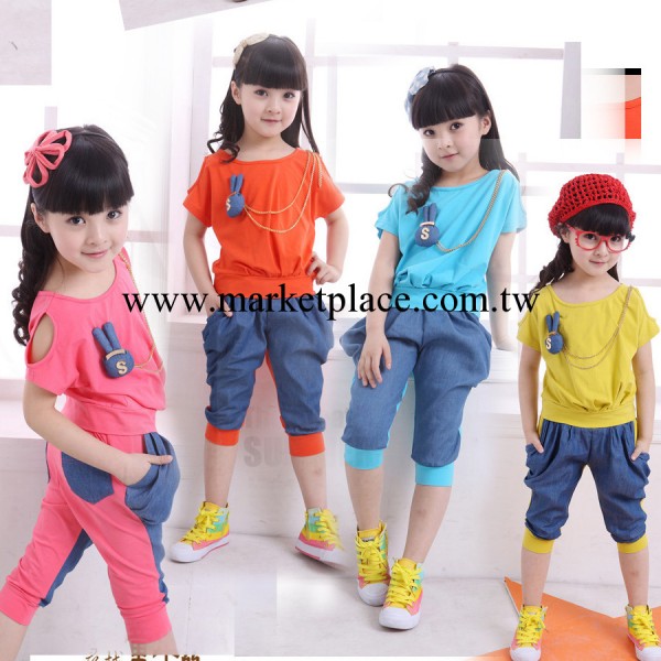 2014童裝廠傢直銷 夏裝兒童裝韓版女童夏款牛仔拼接兔頭鏈條套裝工廠,批發,進口,代購