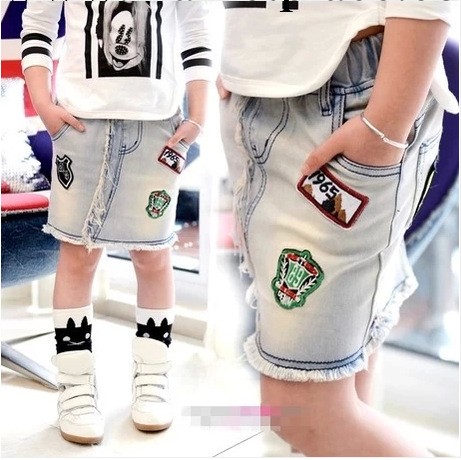 安安寶貝童裝企劃 春裝新款毛邊貼標女童牛仔裙短裙 B8625工廠,批發,進口,代購