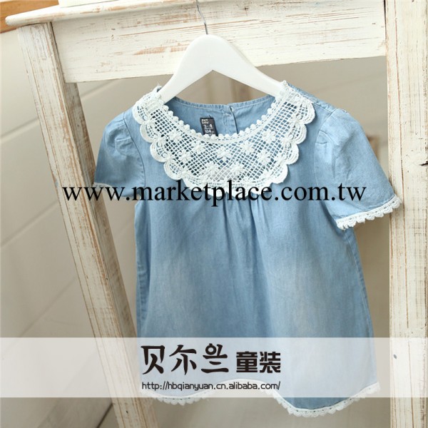 外貿童裝歐美童裙 女童蕾絲鉤花拼接牛仔連衣裙  全棉短袖連衣裙工廠,批發,進口,代購