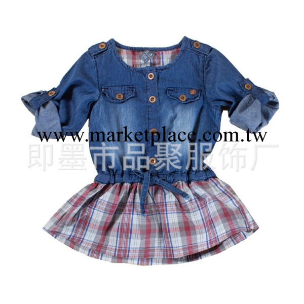 2014春款童裝 時尚韓版女童裝長袖牛仔連衣裙 收腰格子下擺工廠,批發,進口,代購