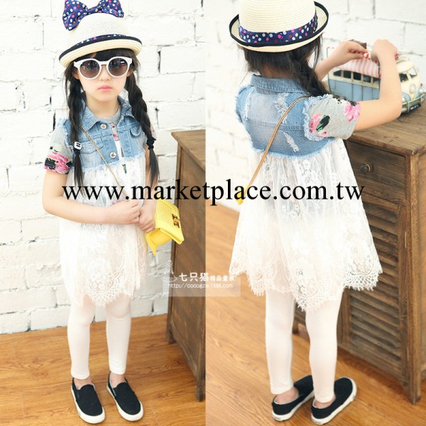 七隻貓精品童裝女童2014春裝新韓版蕾絲拼接破洞牛仔背心裙連衣裙工廠,批發,進口,代購