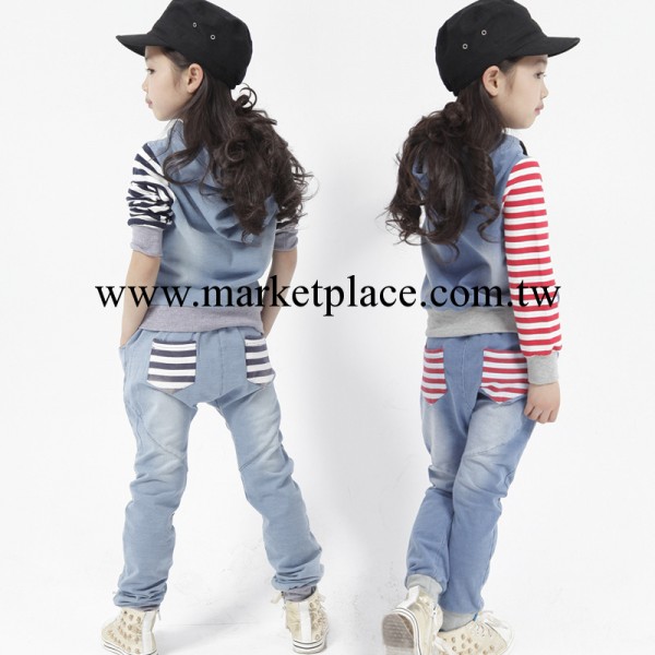 愛蕊童裝免費一件代發 韓版牛仔條紋拼接運動女童套裝 中大童套裝工廠,批發,進口,代購