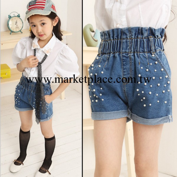 中大童 韓版女童裝2014夏裝新款鑲珍珠翻邊高腰牛仔褲短褲熱褲子工廠,批發,進口,代購