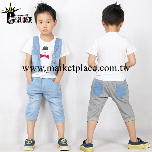 童裝兒童套裝 2014新款夏裝男童中大童韓版純棉牛仔假馬甲兩件套工廠,批發,進口,代購