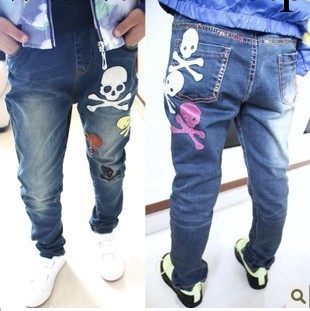 2014春款新品 男童歐版時尚彩色骷髏牛仔褲 童褲 童裝批發 3373工廠,批發,進口,代購
