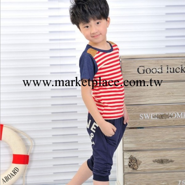 一件代發韓版男童運動套裝兒童短袖條紋寶寶牛仔拼接休閒夏裝工廠,批發,進口,代購