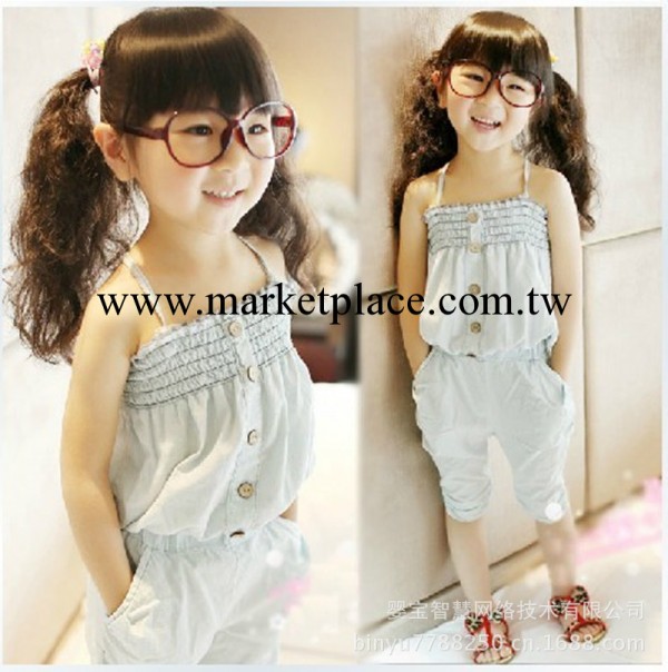 供應2014夏季新款 韓版 女小中童純棉水洗牛仔抹胸吊帶7分褲套裝工廠,批發,進口,代購