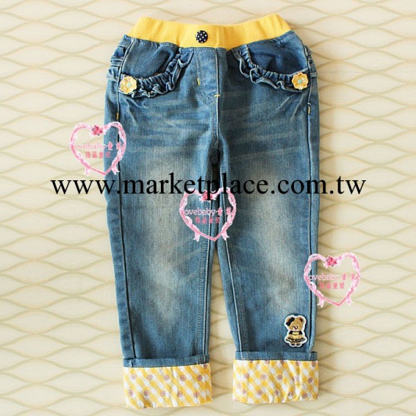 青島外貿童裝韓版小熊原單專櫃春款純棉時尚挽腿女童牛仔褲童褲工廠,批發,進口,代購