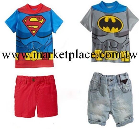 童裝批發210483夏季男童超人 蝙蝠俠 牛仔短袖短褲2件套裝 批42*6批發・進口・工廠・代買・代購