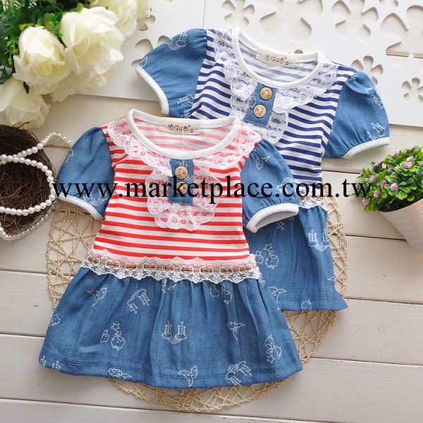 熱銷短袖 清涼夏款 純棉條紋牛仔相拼童裙熱批 小童連衣裙工廠,批發,進口,代購