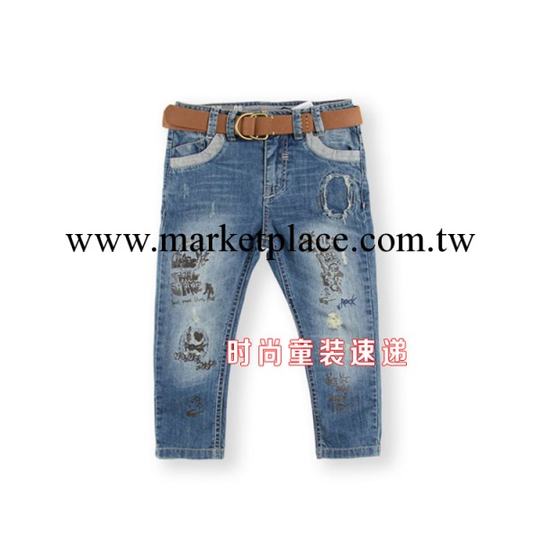 超酷補丁褲到貨 2014春季專櫃新款男童牛仔褲送腰帶印花補丁褲工廠,批發,進口,代購