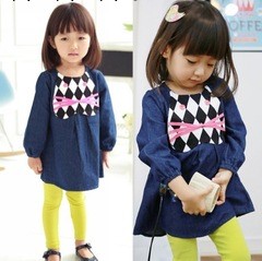 c童裝批發 14春秋韓版女童菱形格子 長袖牛仔娃娃衫套裝TZ70工廠,批發,進口,代購