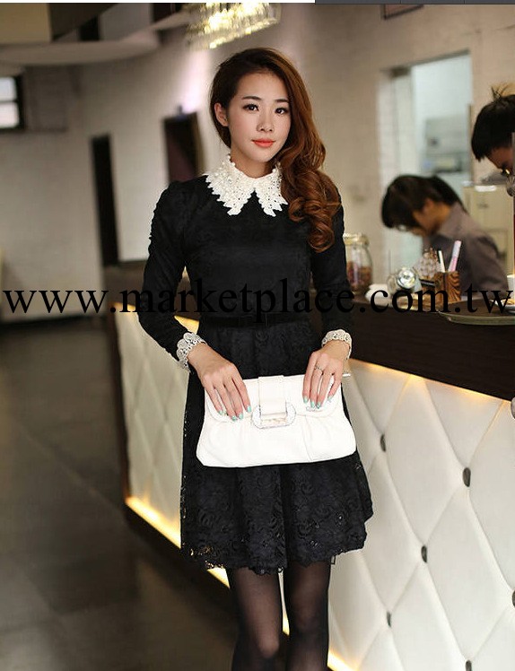 2013新款韓版蕾絲歐根紗花邊珍珠領修身女裝 秋裝連衣裙工廠,批發,進口,代購