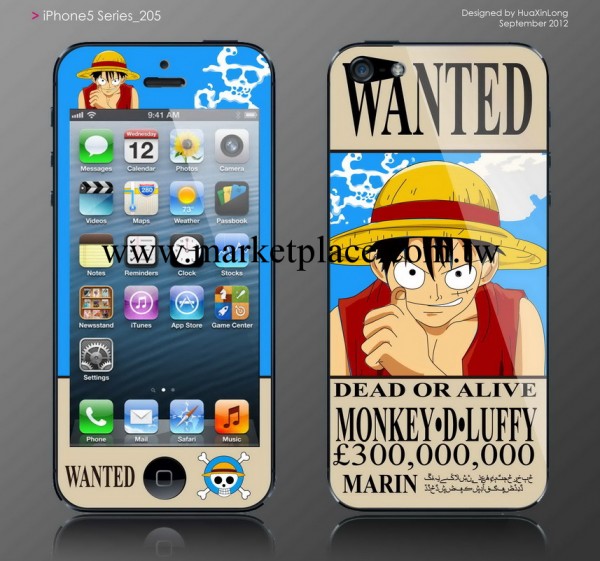 蘋果5代彩色海賊王 時尚卡通彩色貼膜 iphone5動漫手機膜一件代發批發・進口・工廠・代買・代購