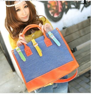 女包新款帆佈女包韓版單肩斜挎兩用包撞色帆佈包皮帶扣女包供應工廠,批發,進口,代購