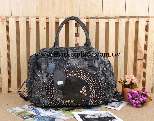 2014新款歐美時尚牛仔打穿彩色鉚釘真皮手拎單肩斜跨兩用女包工廠,批發,進口,代購
